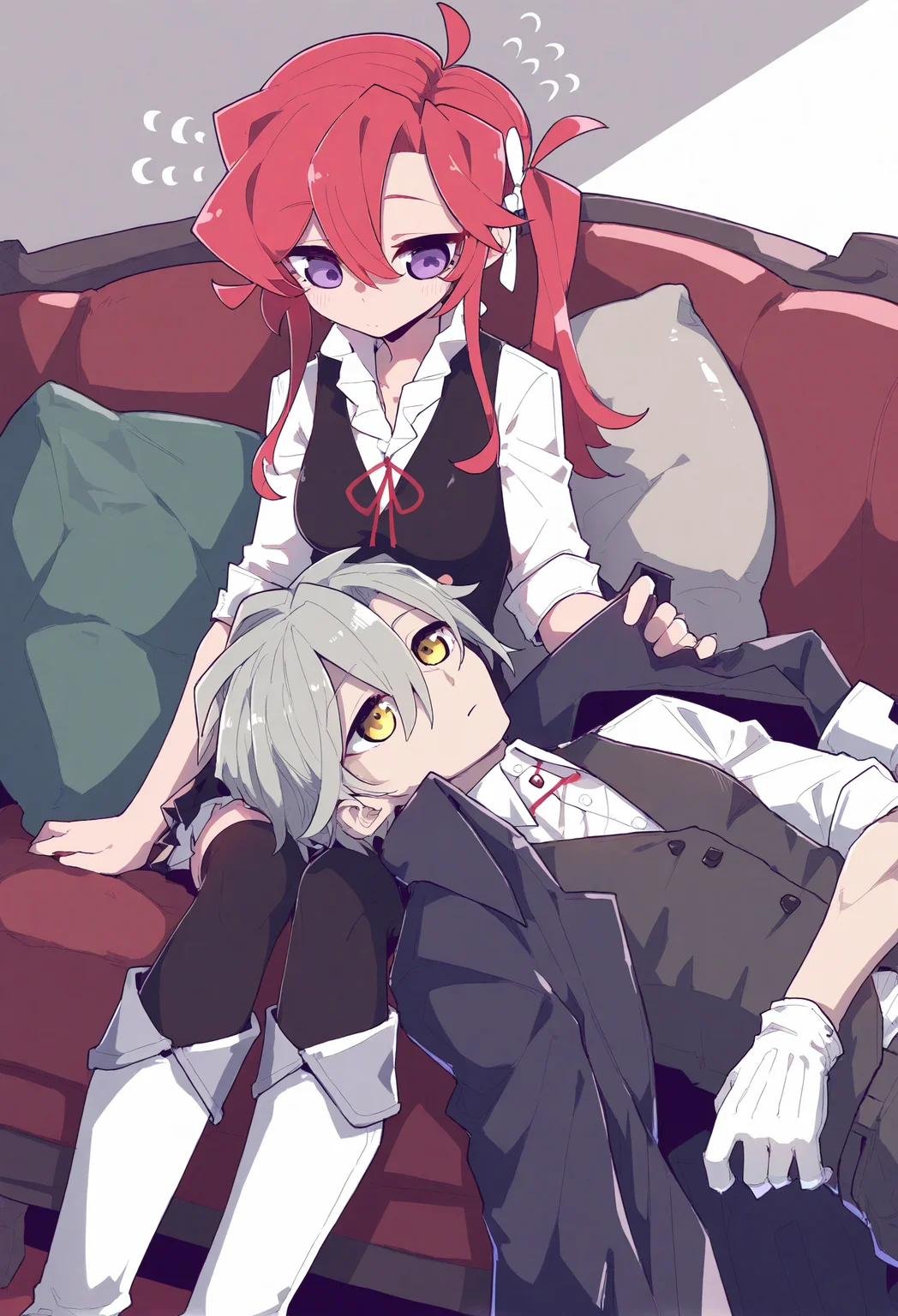 1boy, 1girl,
shirt, white shirt, gloves, white gloves, white footwear, red hair, ribbon, flying sweatdrops, boots, thighhighs, long hair, book, long sleeves, knee boots, grey hair, skirt, collared shirt, sitting, neck ribbon, black thighhighs, purple eyes, vest, red ribbon, black skirt, on couch, coat, lying, side ponytail, short hair, couch, yellow eyes, black vest, looking at another, breasts, closed mouth, pants, jewelry, hair ribbon, hair between eyes, unworn coat, on back, shorts, lap pillow, sleeves rolled up,
.
masterpiece, best quality, very aesthetic, absurdres
<lora:仿²¢forNoob:0.95>