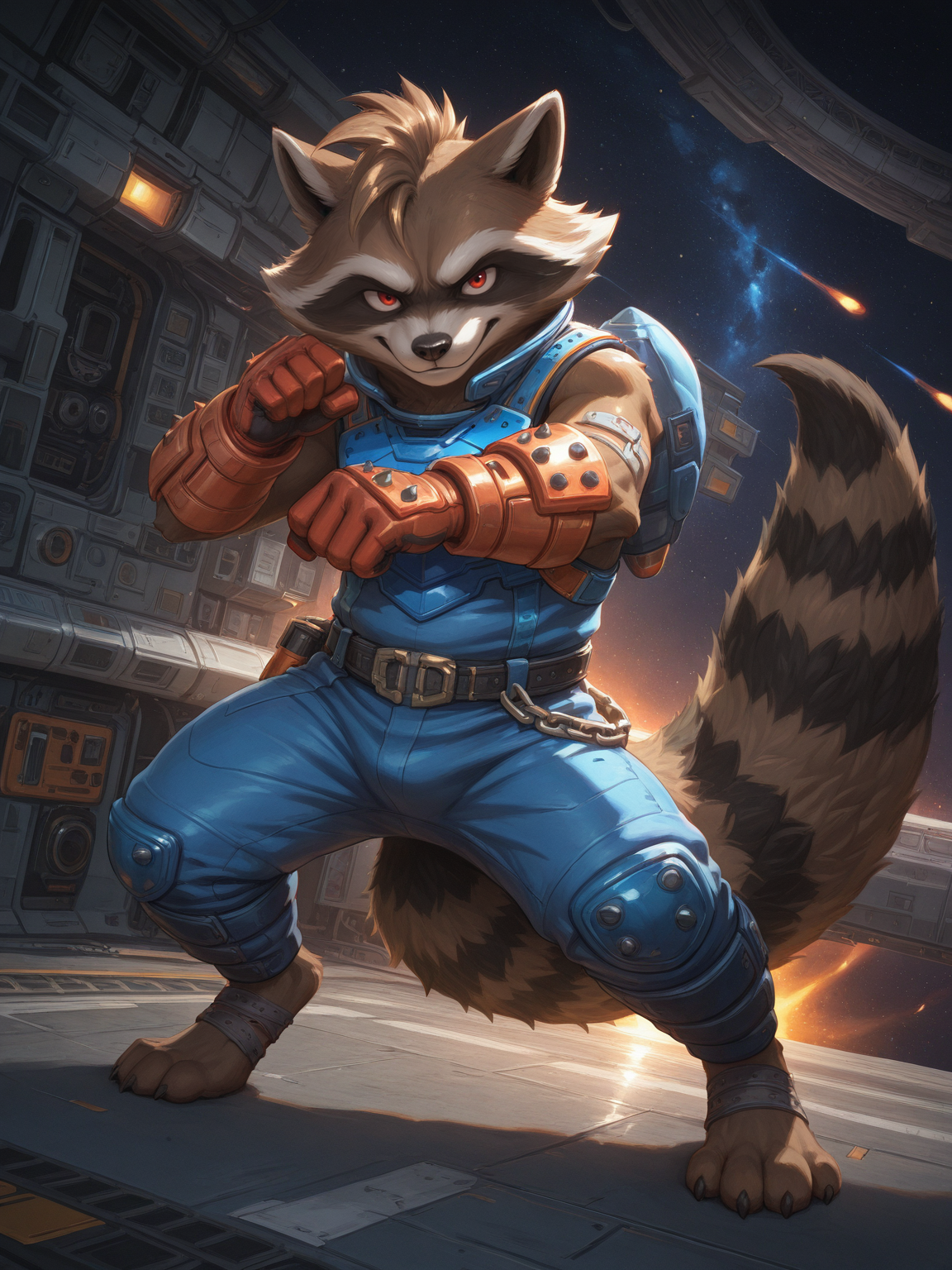 <lora:RocketRaccoon-normal-illustriousXL-000012:0.8>,rocket raccoon,furry,1boy,solo,plump,red eyes,combat uniform,gloves,belt,pants,bandage,mohawk,fighting_stance,space station,cover,looking_at_viewer,full body,digital painting,artwork,anime style,masterpiece,best quality,amazing quality,
