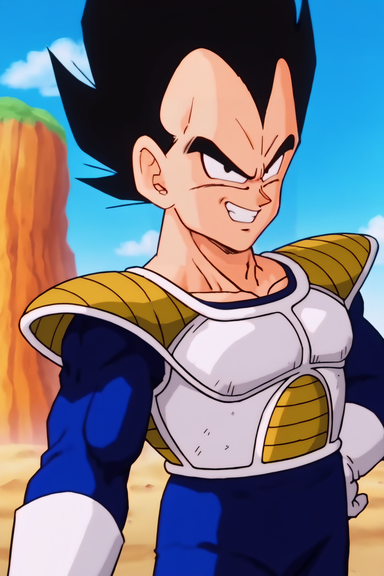 source_anime, score_9, score_8_up, score_7_up, anime screencap,8k, absurd res,
vegeta, solo, looking at viewer, smile, black hair, 1boy, upper body, male focus, outdoors, sky, teeth, day, cloud, armor, grin, black eyes, blue sky, muscular, spiked hair, saiyan armor, blue bodysuit, white gloves, selfie, from above, happy, embarrassed,  
 <lora:vegeta_pony_v1:0.8>