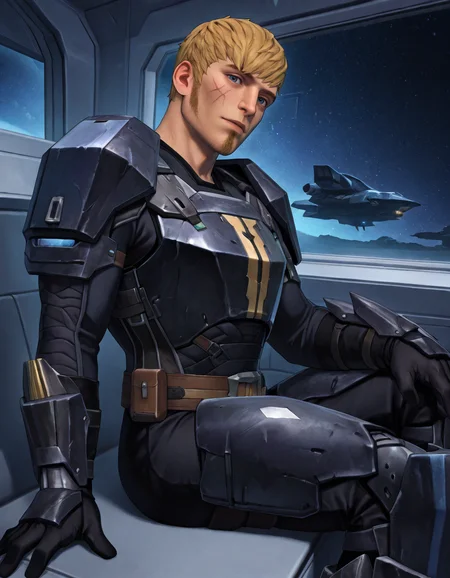 masterpiece, best quality, newest, perfect quality, intricate details, detailed background, male focus, realistic, solo, <lora:SWTOR - Torian Cadera - Illustrious-000005:0.8>, tcadera, 1boy, mature male, blonde hair, very short hair, side burns, goatee, blue eyes, cheek scars, breastplate, shoulder armor, spacecraft interior, come hither, head tilt, night, space, looking at viewer, breastplate, shoulder armor, gauntlets, gloves, belt, leg armor, boots, sitting, from side, contrapposto