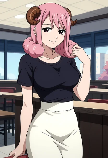 score_9, score_8_up, score_7_up, source_anime, 2d, AriesFT, 1girl, purple eyes, pink hair, short hair, ram's horns, big breasts, anime coloring, anime screencap, detailed eyes, zPDXL, perfect faces, uncensored, rating_explicit, <lora:ariesft_0-000050:1>, black t-shirt, white skirt, smile, restaurant, solo, hand up, from the waist up,