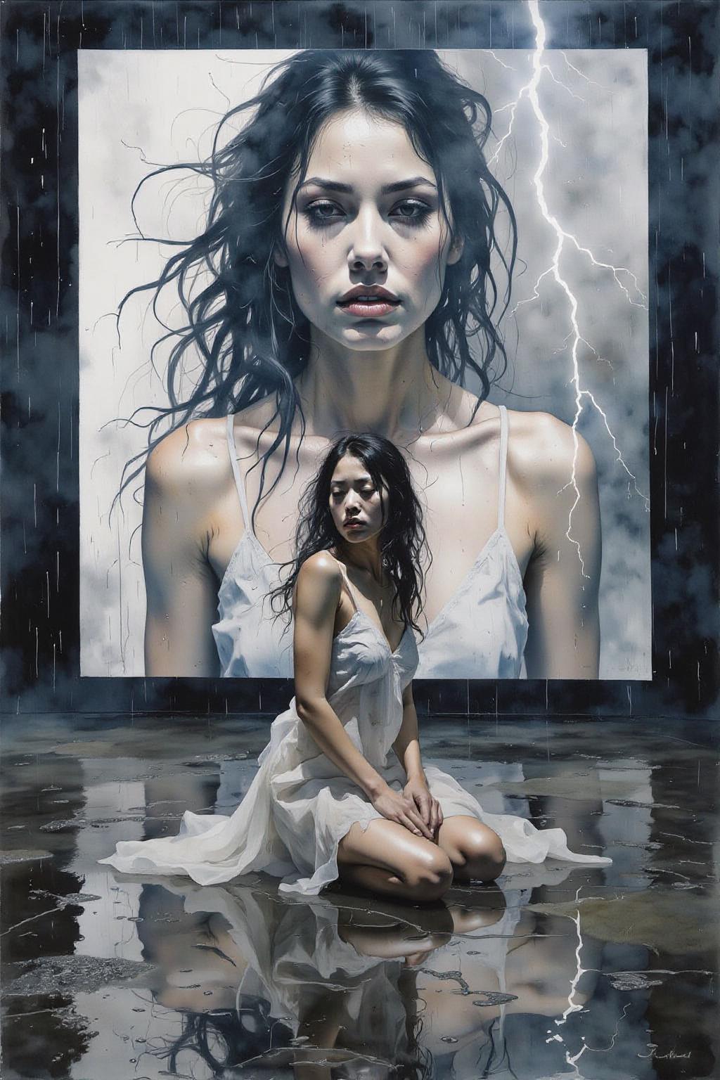 yawc1 watercolor
Shot from the side, surreal, overhead shot of a dramatic cinematic scene featuring a woman with long, dark hair, kneeling on a reflective, wet surface under intense artificial rain and lightning. She wears a flowing, sheer, white dress, clinging to her as she gazes forward with an intense, almost sorrowful expression. Behind her, a massive digital screen displays a blurred, haunting image of the same woman, layered with flashes of lightning, adding a surreal, dreamlike quality. The atmosphere is intense and moody, with sharp contrasts of light and shadow, giving a mysterious and electrifying effect.
  <lora:yawcolor_nocap_d6a3:1.0> <lora:Flux-Sch-SingleBlocks-BF16:1.0><lora:799116723409285533:0>