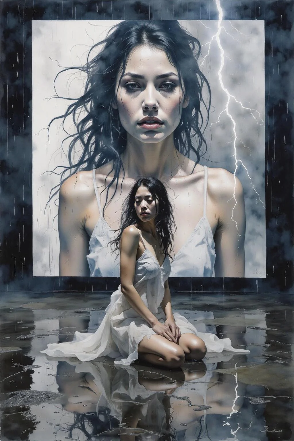 yawc1 watercolor
Shot from the side, surreal, overhead shot of a dramatic cinematic scene featuring a woman with long, dark hair, kneeling on a reflective, wet surface under intense artificial rain and lightning. She wears a flowing, sheer, white dress, clinging to her as she gazes forward with an intense, almost sorrowful expression. Behind her, a massive digital screen displays a blurred, haunting image of the same woman, layered with flashes of lightning, adding a surreal, dreamlike quality. The atmosphere is intense and moody, with sharp contrasts of light and shadow, giving a mysterious and electrifying effect.
<lora:yawcolor_nocap_d6a3:1.0> <lora:Flux-Sch-SingleBlocks-BF16:1.0><lora:799116723409285533:0>