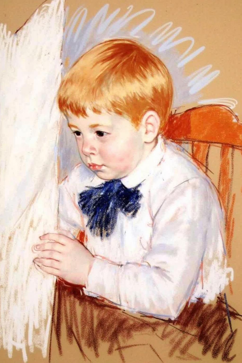 marycassatt2 drawing.
A young boy with short, light brown hair is shown with a serious, contemplative expression. He is dressed in a white shirt with a dark blue tie or bow. The boy is seated, leaning forward. He is playing with a white dress hanging in front of him. <lora:marycassatt2_cap_d6a3:1.0><lora:840641416414688397:0>