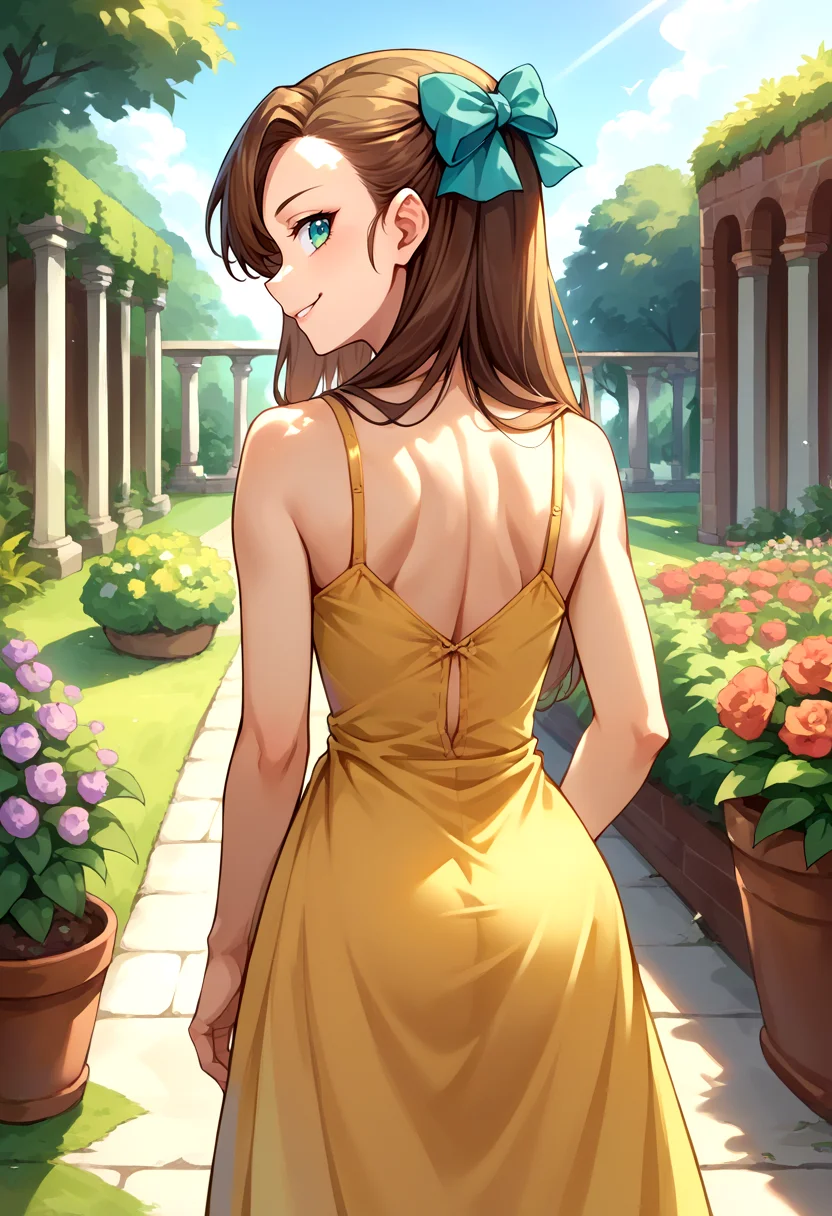 score_9, score_8_up, source_anime, 1girl, solo, KatarinaClaes, long hair, asymmetrical bangs, hair bow, from behind, yellow sundress, garden, day, sunshine, smile, looking back, <lora:CHAR-KatarinaClaesPonyXL:1>