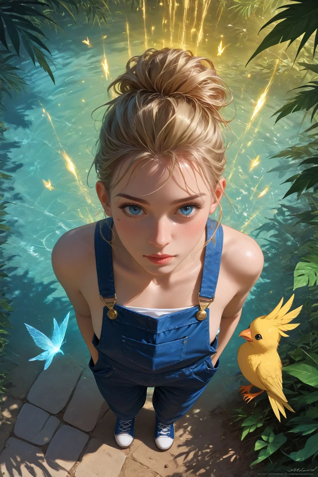 colorful,detailed background,Cinematic Lighting,film grain,score_9,score_8_up,score_7_up,zPDXL2,masterpiece,best quality,highly detailed,
<lora:(增强)sdxl_lightning_8step_lora:1>,<lora:glowneon_xl_v1:1>,glowing,<lora:hand 4:1>,hand person,<lora:Expressive_H:0.8>,Expressiveh,<lora:1llum1XLP:0.8>,1llum1,
Ethereal glow,Fairy tale,Abstract patterns,Smooth contours,Artistic abstraction,Verdant foliage,tropical backdrop,Magical realism,realistic detail,overalldetail,Masterpiece,absurdres,highres,flawless,high quality,epic intricate detail,(from above:1.3),bird,chocobo,