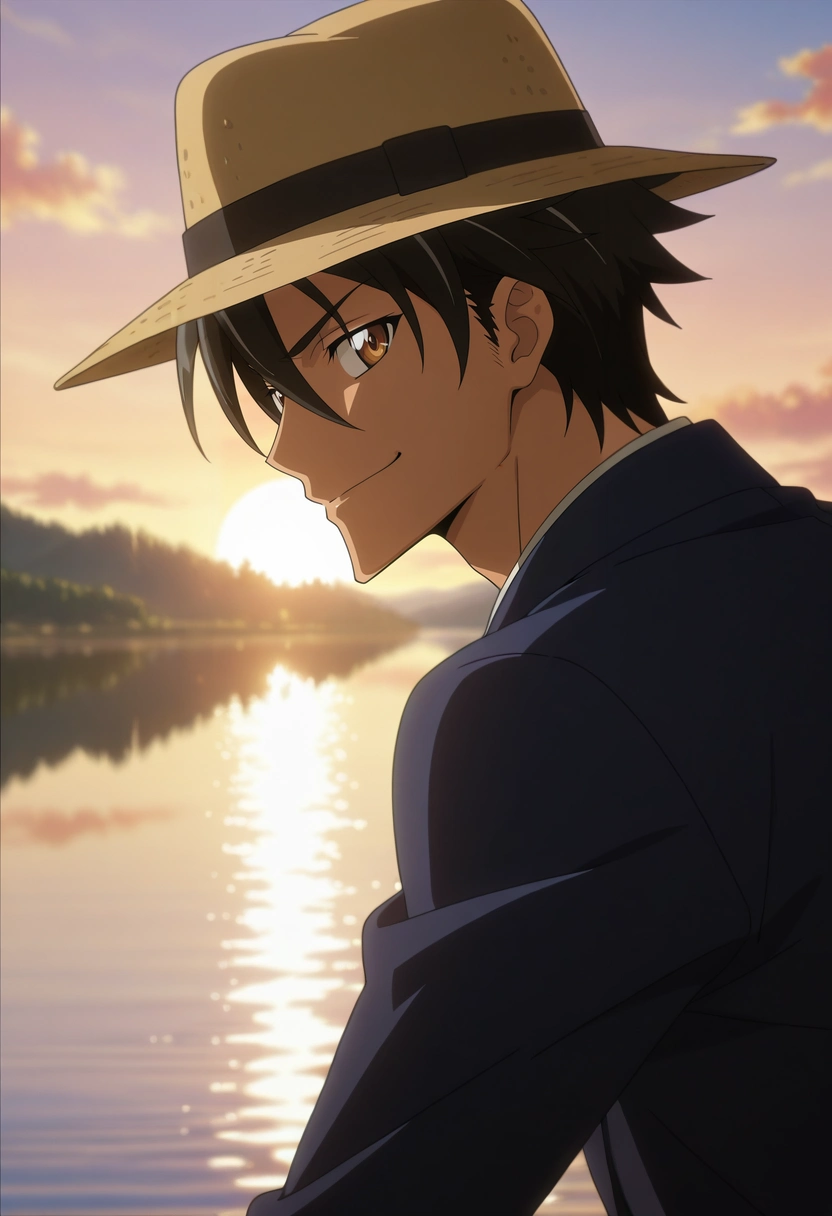 masterpiece, best quality, , anime screencap, anime coloring, official style, looking at viewer, 1boy, solo, male focus, <lora:takashi_komuro_ilxl:0.9>, takashi_komuro, black hair, brown eyes, short hair, hair between eyes, profile, lake, dawn, yoga, smirk, blazer, panama hat