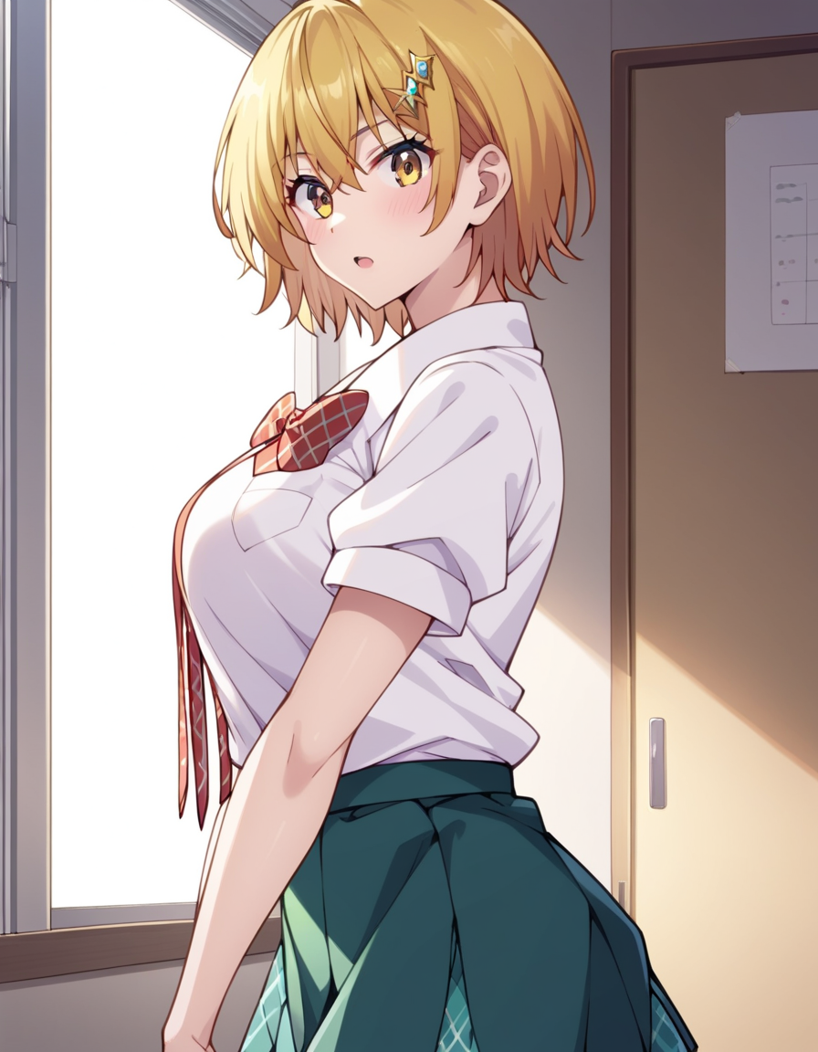 score_9, score_8_up, score_7_up, source_anime, uncensored, <lora:StS_detail_slider_v1:3>, zPDXLxxx, <lora:Kirara_Hoshino_PONYXL_VexVexX:1>, KiraraHoshino, 1girl, yellow eyes, blonde hair, short hair, hair between eyes, hair ornament, hairclip, medium-large breasts, school uniform, skirt, green skirt, shirt, white shirt, short sleeves, bow, ribbon, red bow, cowboy shot, bedroom, from back, Stand with one hip cocked to the side, hand on the waist, and head tilted slightly, exuding sensuality, thighs, looking at view
