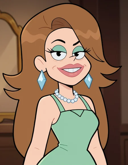 looking at viewer, wide hips, black eyes, smug, solo, <lora:Priscilla_Northwest_Gravity_Falls_Pony:0.6> , priscillanorthwest, brown hair, long hair, thick lips, diamond earrings, lipstick, pearl necklace, green dress, sleeveless dress,, score_9, score_8_up, score_7_up, cute,