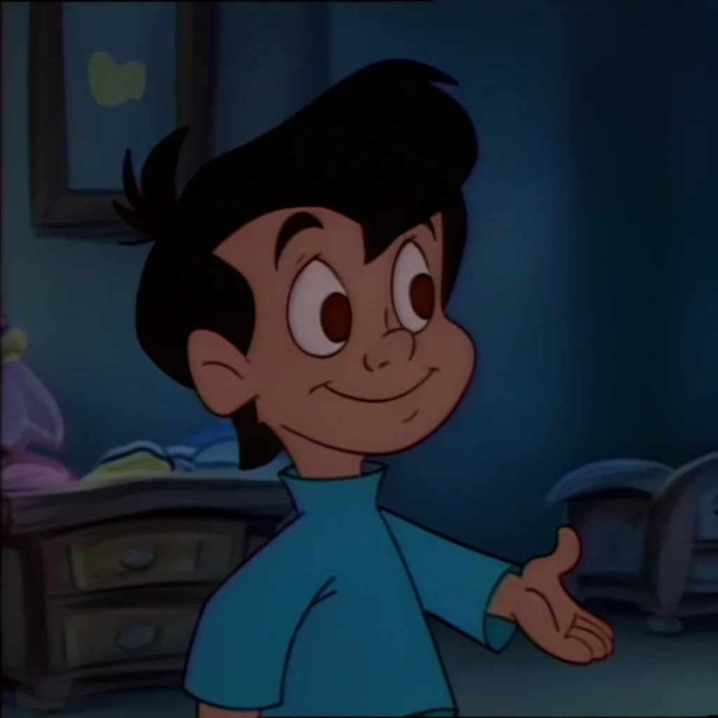neddiehugsonozkids, 1boy, solo, human, black hair, brown eyes, blue pajama shirt, blue pajama pants, upper body, male child, standing, smile, <lora:Neddie_Hugson_Oz_Kids:1>
