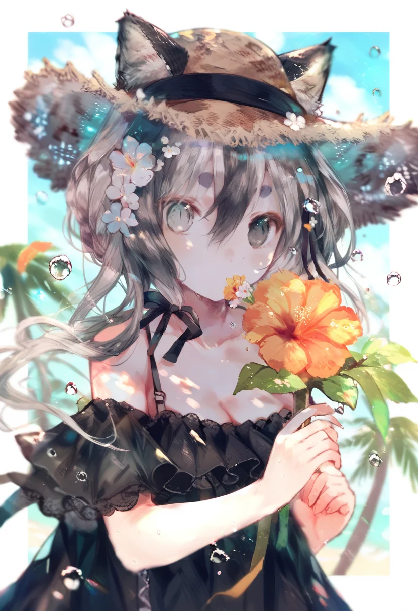 score_9, score_8_up, score_7_up, score_6_up, <lora:oninekoXL_TPN55_lokr_V43P1:0.95>   1girl, flower, animal ears, hat, solo, straw hat, hair ornament, holding, grey hair, grey eyes, long hair, looking at viewer, hair flower, upper body, tree, heterochromia, thick eyebrows, holding flower, bare shoulders, cat ears, hair between eyes, outdoors, animal ear fluff, brown headwear, palm tree, water drop, ribbon, off shoulder, black ribbon, blue eyes, bird, ears through headwear, dress, sky, breasts, cleavage, covered mouth, frills, orange flower, collarbone, black dress, white flower