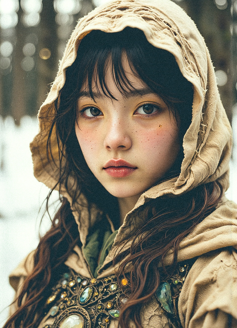 A mystical forest druidess, Extreme Upper Body Closeup Portrait, Vibrant amber and earthy green color graded. Her face, framed by a loosely draped linen hood, is illuminated by soft, diffused light that highlights her delicate features. Freckles dot her youthful yet weathered skin, telling stories of her bond with the wilds, while a subtle, satisfied smile graces her lips, exuding confidence and calm. Her piercing eyes, shaded slightly by the oversized hood, shimmer with an earthy warmth that draws you in. Strands of unkempt auburn hair peek from beneath the hood, blending seamlessly with her natural surroundings. The intricate details of her attire feature a chest piece adorned with organic patterns resembling vines and leaves, crafted from translucent amber and dark green materials. The snowy, shadowy forest backdrop contrasts beautifully with the druidessâs radiant and enchanting presence. <lora:Elden_Ring_-_Yoshitaka_Amano.safetensors:1.0>, <lora:aiai-Glimra-Flux-Dev-v2.safetensors:0.5>,  <lora:Movie_Portrait.safetensors:0.8>,  <lora:- Flux1 - soothing_atmo_V2.0.safetensors:0.4>,  <lora:lith_mimosa_kiel_grw134_FLUX.safetensors:0.7>, <lora:Instant camera portrait photography V2.0.safetensors:0.5>,
