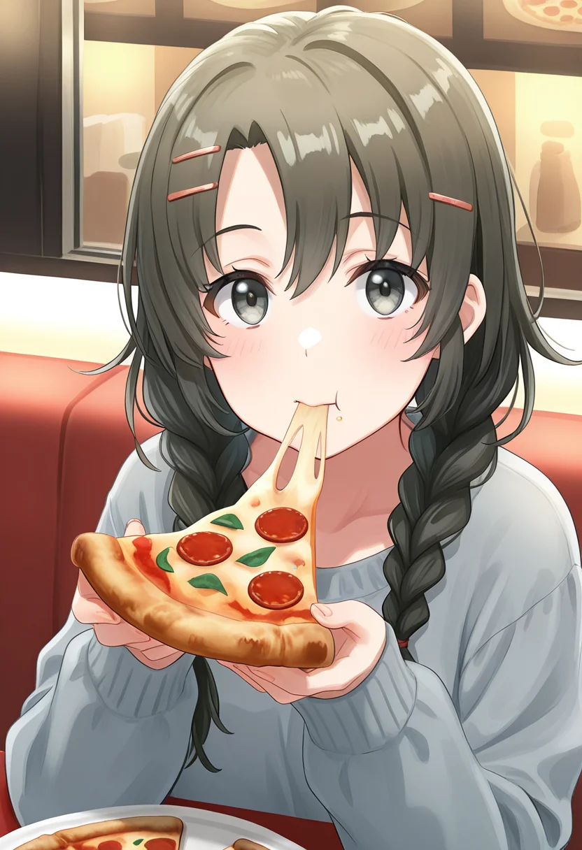 1girl, oregairumeguri, brown hair, long hair, twin braids, hairclip, black eyes, holding pizza, eating, looking at viewer, cute, restaurant, <lora:Meguri_ill_v1:1>, masterpiece, best quality, high quality, detailed, absurdres