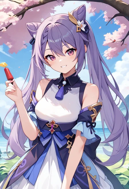 score_9, score_8_up, score_7_up, source_anime, best quality, masterpiece, 1girl, solo, smile. outdoors,
keqingcs, purple hair, cone hair bun, purple eyes, long hair, double bun, braid, twintails,