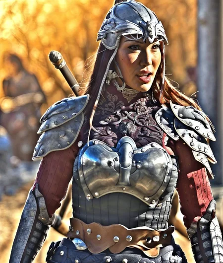 RAW photo, (masterpiece:1.3), subsurface scattering, heavy shadow, (high quality:1.4), (intricate, high detail:1.2), professional photography, HDR, High Dynamic Range, realistic, ultra realistic, photorealistic, high resolution, film photography, ambient lighting, atmospheric effects, <lora:detail_slider_v4:2>, OverallDetail, AvaD, <lora:AvaD:1> , as a female monar warrior, wearing light armor, leather armor, shield, helmet, spear,<lora:MongolArmor:0.8>, epiCPhoto