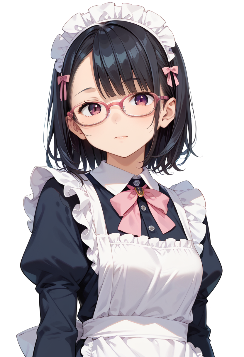 score_9, score_8_up, score_7_up, rating_safe, masterpiece, best quality, absurdres, unity 8k wallpaper, official art, official style, source_anime, uncensored, game cg, megami magazine,
1girl, solo, black hair, medium hair, upper body, covered eyes,maid, maid headdress, black dress, maid apron, face focus,
oval_cell, glasses, still life, white background, simple background, pink-framed eyewear,
 <lora:glasses_OvalCell1_PONY_V1:1>