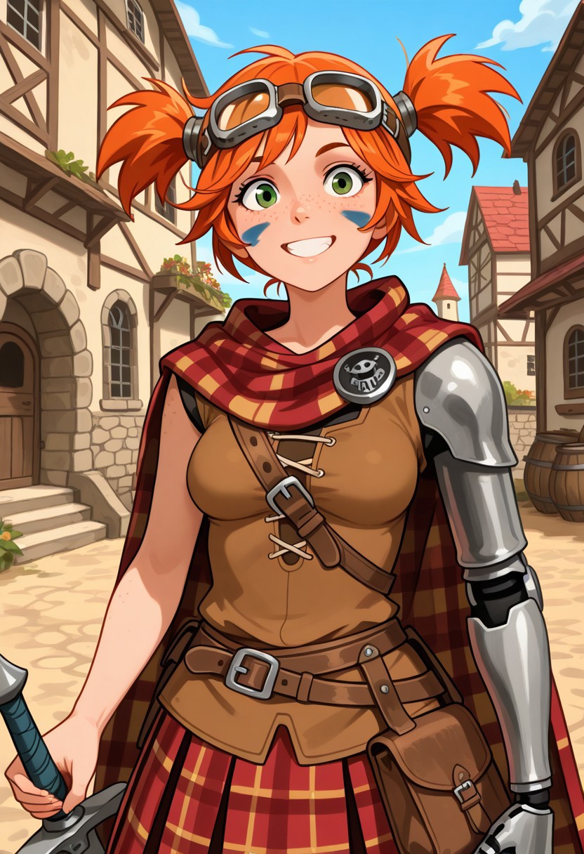 <lora:gaigebl2-guy-v1PONYXL:1>,
solo, gaigebl2, orange hair, goggles on head, twintails, short twintails, a single mechanical arm, left arm mechanical, freckles, green eyes, medium breasts,
Grin,
Scottish warrior outfit, scottish kilt, war paint, face painted half blue, claymore sword, tunic, plaid cloak, 
Medieval town,