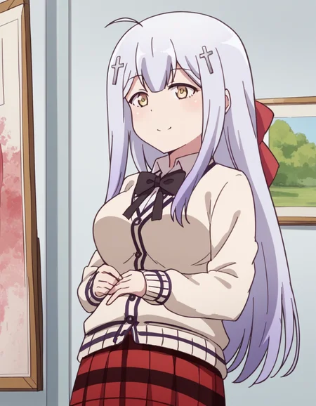 score_9, score_8_up, score_7_up, source_anime, <lora:raphiel-shiraha-ainsworth-s1-ponyxl-lora-nochekaiser:1>, raphiel shiraha ainsworth, long hair, ahoge, white hair, hair ornament, cross hair ornament, yellow eyes, large breasts,, skirt, school uniform, plaid, kneehighs, plaid skirt, cardigan, bow, black bow, bowtie, white cardigan, red skirt,, museum, art exhibit, paintings, observing, quiet contemplation, cultural experience, smile, , arm in a sling, solo,, cowboy shot, dutch angle