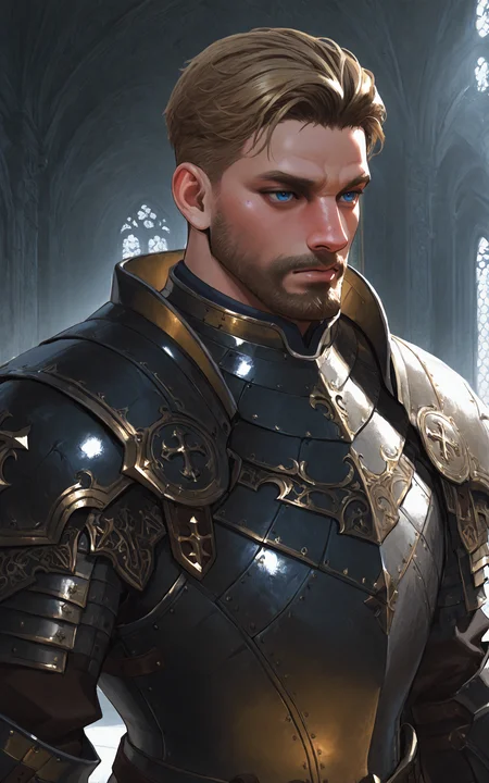 very awa, masterpiece, best quality, absurdres, newest, perfect quality, detailed background, intricate details, male focus, 1boy, mature male, blue eyes, dark blonde hair, sexyskimpyarmor, ssarmor, <lora:Kingdom_Come_Deliverance_II__Hans_Capon:1>, <lora:Sexy_Male_Armor_V2:0.75>