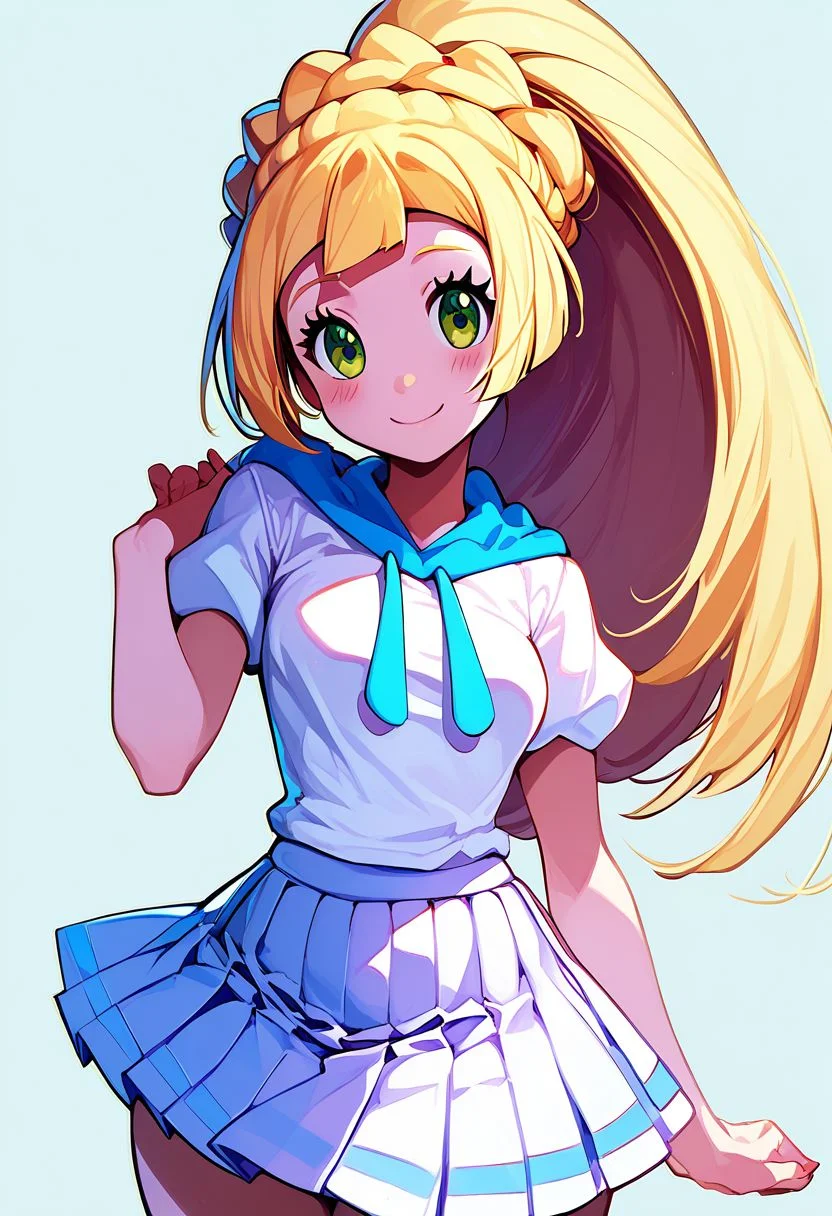 score_9, score_8_up, score_8, medium breasts, (curvy), cute,  eyelashes
zzlillie, long hair, ponytail, French braid, white shirt, short sleeves, white skirt, pleated skirt,
smile, blush, 
looking at viewer, head tilt, 
Expressiveh, zPDXL2
