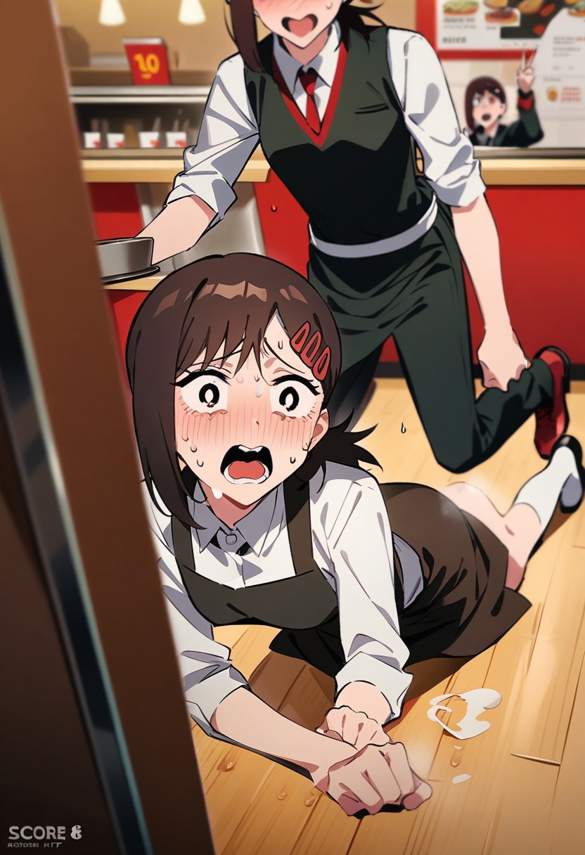 score_9, score_8_up, score_7_up, ((best quality: 1), Higashiyama_Kobeni, tripping, nervous wreck, sweat, waitress, fast food restaurant), (masterpiece: 1.2)
