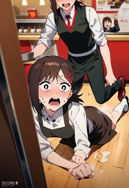 score_9, score_8_up, score_7_up, ((best quality: 1), Higashiyama_Kobeni, tripping, nervous wreck, sweat, waitress, fast food restaurant), (masterpiece: 1.2)