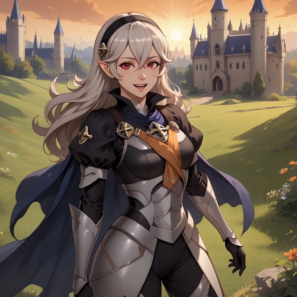 score_9, score_8, BREAK, solo, corrin, corrin (fire emblem), corrin (female) (fire emblem), kamui, カムイ, 1girl, long hair, pointy ears, red eyes, smile, open mouth, white hair, hairband, gloves, armor, cape, black thighhighs, detached sleeves, puffy sleeves, barefoot, sexy pose, self portrait, smile, outdoors, sunlight, shadows, evening lighting, natural lighting, medieval, castle, grass, castle garden, orange sky, sunset