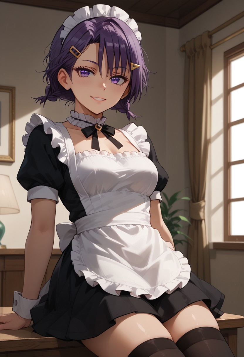 score_9, score_8_up, score_7_up, score_6_up, (1girl ), (solo),
BREAK,
HDA_MasterpieceXL_v.1,
BREAK
1girl: <lora:Asumi_Kominami BWBGD-V1>,asumi kominami,
Shoulder-length hair,bangs, purple eyes, purple hair,loose hair,(not bangs),smile,
medium breasts.
BREAK
half body,maid, maid dress, enmaided, maid headdress, 
neck ribbon, frilled choker, black dress, 
white apron, puffy short sleeves, black thighhighs, light,mini skirt