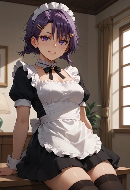 score_9, score_8_up, score_7_up, score_6_up, (1girl ), (solo),
BREAK,
HDA_MasterpieceXL_v.1,
BREAK
1girl: <lora:Asumi_Kominami BWBGD-V1>,asumi kominami,
Shoulder-length hair,bangs, purple eyes, purple hair,loose hair,(not bangs),smile,
medium breasts.
BREAK
half body,maid, maid dress, enmaided, maid headdress, 
neck ribbon, frilled choker, black dress, 
white apron, puffy short sleeves, black thighhighs, light,mini skirt