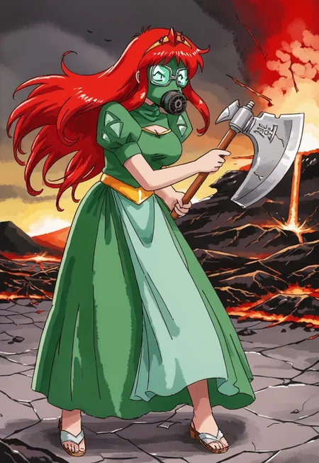 safe_pos, illustration, source_anime, anime coloring,volcano, smog, thick gray smoke, score_9, score_8_up, score_7_up, source_anime BREAK 1girl, solo,  (kaeli wearing gas mask), opaque eyewear,  final_fantasy, red hair, tiara, long hair, slit dress, sandals, long green dress, holding a large axe,  large breasts,  alert, outdoors, battle stance,  red skeleton, wolf cerberus, cracked floor, magma