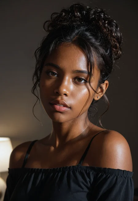 score_9, score_8_up, score_7_up, award-winning masterpiece, RAW editorial photo, dark-skinned African-American woman, solo portrait in a dark cinematic fine-art style, cropped off-the-shoulder black top, parted lips, relaxed yet intense expression, high-quality image, ultra-detailed realism, dramatic lighting casting soft shadows, contours emphasized on face and body, rich fabric textures, moody atmosphere, soft highlights blended with deep shadows, timeless fine-art portrait mood, cinematic precision and depth