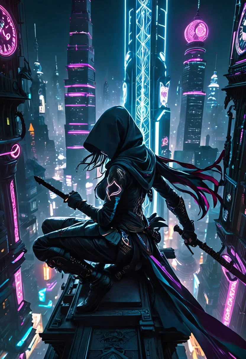 Assasin, A closeup of fantastical image of a assasin false glory, darkness of night fall, Their filled with power and determination, clad in flowing, flowing scarf, wielding an scarf ornate, scarf ornate, as they wield the scarf n a fluid, sword carried behind the body, squatting on top of the building at the end of the clock tower like an assassin, sitting squatting pose, hands touch the ground, squatting all four, action pose, clock tower, from behind view, cyberpunk city, neon city, skindentation, glowing, shiny, scifi, neon lights, intricate artistic color, cinematic light, radiant, vibrant, perfect symmetry, Grayscale, Dramatic spotlight, highly color focused, dynamic motion, very dark,
