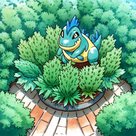 Score_7_up, score_8_up, high angle, watercolor \(medium\), ken sugimori,
BREAK,
Small croconaw, fangs, shiny pokemon, yellow eyes, blue spikes, (sitting on ground), looking away, open mouth, cozy aesthetic, outdoors, garden, bushes, gardening tools,