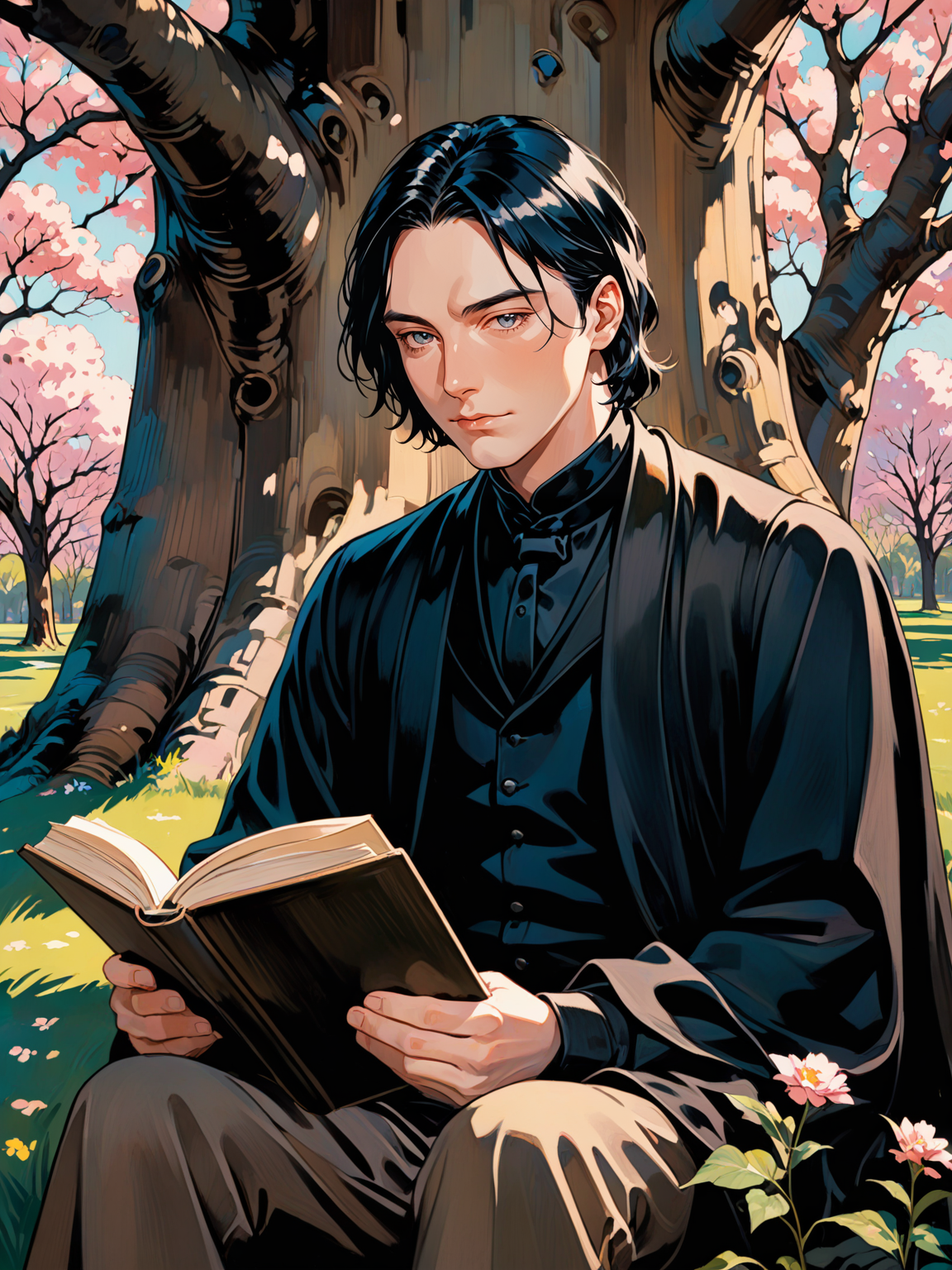 a young severus snape sitting under a tree reading a book, 25 year old handsome man, solo, wind, breeze, dark clothes,  digital painting, pale skin,highly detailed face, black hair, romantic, spring, 1950s,dark background,warm colors, RAW candid cinema,16mm,color graded portra 400 film,remarkable color,ultra realistic, captured on a (Nikon D850) <lora:harry_potter_v1:1> <lora:aesthetic_anime_v1s:1>
