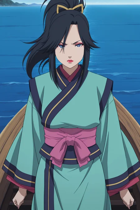 masterpiece, best quality, anime coloring, anime screencap,
<lora:Amaru_Hanare_Isaribi_and_Koyuki_Naruto:.9>
outside, on the deck of a boat,
Koyuki Kazahana (character), black hair, long hair, blue eyes, Koyuki green kimono outfit, Japanese clothes, long sleeves, ponytail, (makeup, lipstick, eyeshadow),
looking at the viewer, serious face, cowboy shot, lips parted,