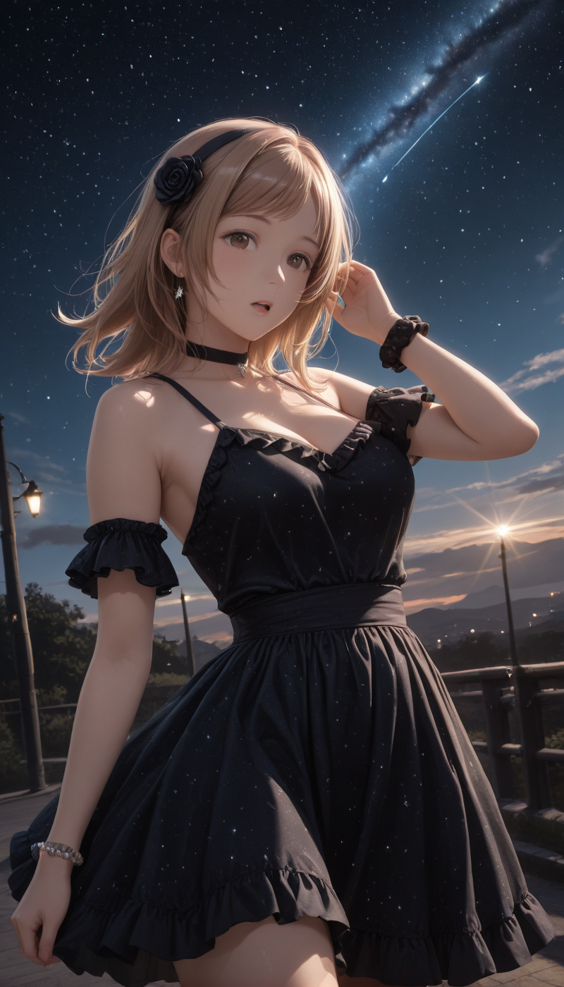 <lora:LCMTurboMix_Euler_A_fix:1> <lora:example_SDXL:0.3>, EZRealPONYXL, <lora:Dramatic Lighting Slider:3>
DSLR,realistic,cosplay photo, (very awa,masterpiece,best quality,year 2024,newest,absurdres,highres:1), realistic,skin texture,facial features, photography shot with Canon EOS 5D Mark IV , realistic, RAW, best quality, masterpiece, amazing quality, skin details,
1girl, highly detailed beautiful face, natural breasts,
detailed background, shiny skin, dutch angle, night, moonlight,
beautiful detailed eyes, intricate details, absurdres, anime screencap,
<lora:SakuragiMano_IdolMaster_ILXL_kill0825:1>
IMSakuragiMano, 1girl, solo, long hair, breasts, looking at viewer, blush, open mouth, large breasts, brown hair, hair ornament, dress, cleavage, jewelry, bare shoulders, medium breasts, brown eyes, collarbone, flower, thighs, outdoors, cowboy shot, earrings, frills, hairband, parted lips, detached sleeves, sky, sleeveless, choker, medium hair, cloud, hair flower, armpits, star (symbol), black dress, arm up, :o, bracelet, sleeveless dress, sparkle, dutch angle, black choker, night, rose, halterneck, frilled dress, light brown hair, scrunchie, star (sky), night sky, starry sky, beads, wrist scrunchie, bead bracelet, arm garter, lamppost, twilight, black flower, shooting star, constellation, black rose, pearl bracelet, black hairband