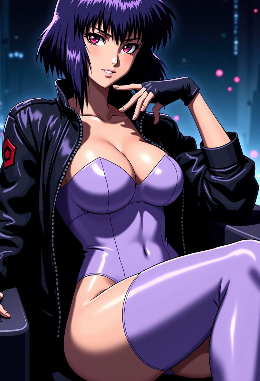 RAW, 8k, very sharp, ((woman looking at viewer)), (smug, smirk:0.3), (stylish hair, beautiful, (evil grin:0.7), Japanese face, japanese body, 1girl, kusanagi motoko, large breasts, fingerless gloves, light purple strapless leotard, light purple thighhighs, black jacket, looking at viewer, Basic Instinct Pose, B4sic1nstinctP0se, basic_instinct_(movie), 1woman, sitting, on_chair, looking at viewer, facing viewer, night, landscape with cyberpunk city, red eyes
