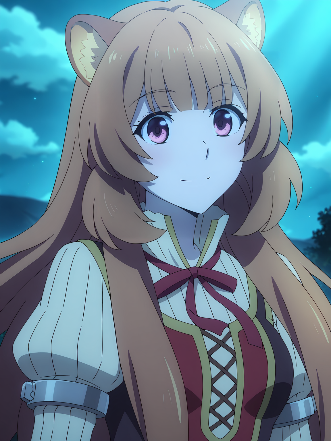 <lora:Raphtalia:0.8>, raphtalia, tate no yuusha no nariagari, 1girl, solo, red eyes, long brown hair, twintails, raccoon ears, white pleated shirt, long puffy sleeves, red ribbon, red dress, smile, closed mouth, split mouth, standing, floating hair, portrait, looking at viewer, outdoors, sky, cloud, night, moonlight