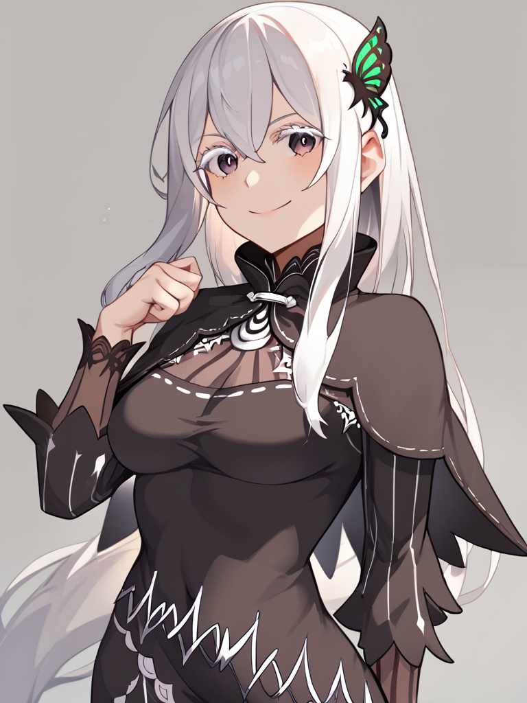 score_9,score_8_up,score_7_up,<lora:echidna_(re_zero):1>,md5_mismatch, medium_breasts, echidna_\(re:zero\), colored_eyelashes, 1girl, source_larger, looking_at_viewer, commentary, closed_mouth, solo, black_dress, light_smile, star_\(symbol\), photoshop_\(medium\), arm_behind_back, grey_background, black_capelet, highres, resolution_mismatch, revision, standing