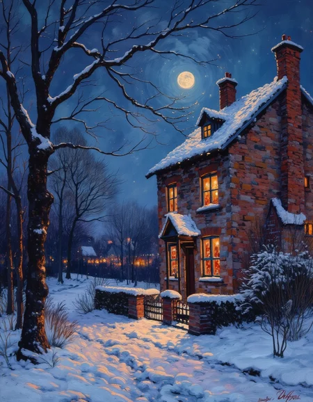 Painting of a winter landscape, snow on the ground, night time, moon, dead trees, red brick townhouse sits alone, a windows are lit with warm light. <lora:OBä¸ä¸çºªæ²¹ç»v1.1:1> OByouhua, oil painting