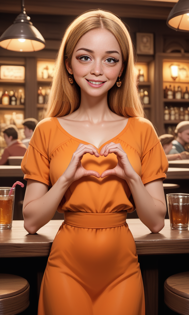 score_9, score_8_up, score_7_up, score_6_up, score_5_up, score_4_up,  slim girl in a pub  ,  fiheartcl,  making heart with hands, orange short dress  , blond long straight hair    <lora:FingerHeartPony:.8>