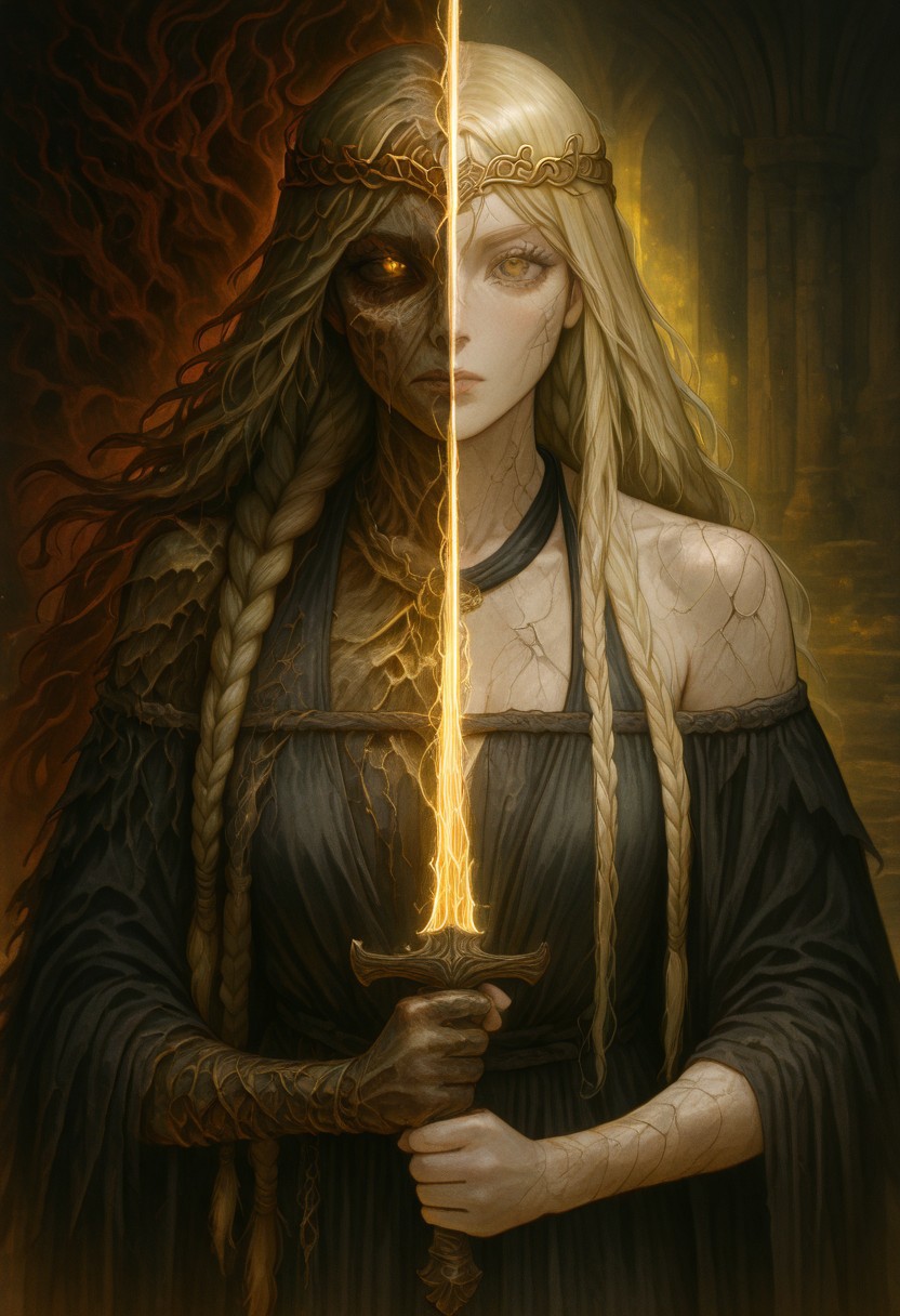 masterpiece, best quality, newest, absurdres, highres, 
DUSV1.0, split screen, split theme, dual persona, transformation, dark persona, holding sword, sword, holding weapon, holding, weapon,
1girl, queen marika the eternal (elden ring), bare shoulders, black dress, circlet, gold circlet, cracked skin, halter dress, halterneck, long hair, yellow eyes, braid, braided hair, long braid, blonde, blonde hair,
