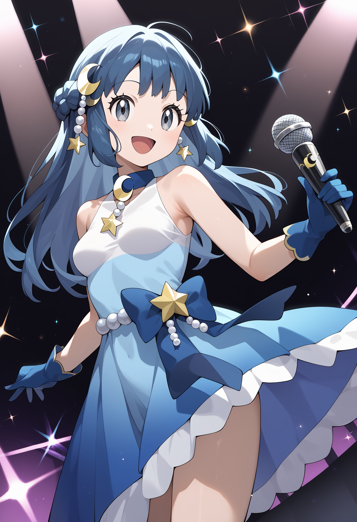 score_9, score_8_up, score_7_up, score_6_up, score_5_up, score_4_up, source_anime, aadawn, long hair, blue hair, braid, crescent hair ornament, grey eyes, breasts, gradient dress, blue dress, sleeveless, blue gloves, blue bow, <lora:dawn_(pokemon)_ponyxl_v1:0.9>, standing, cowboy shot, stage, smile, holding microphone, open mouth, smile,