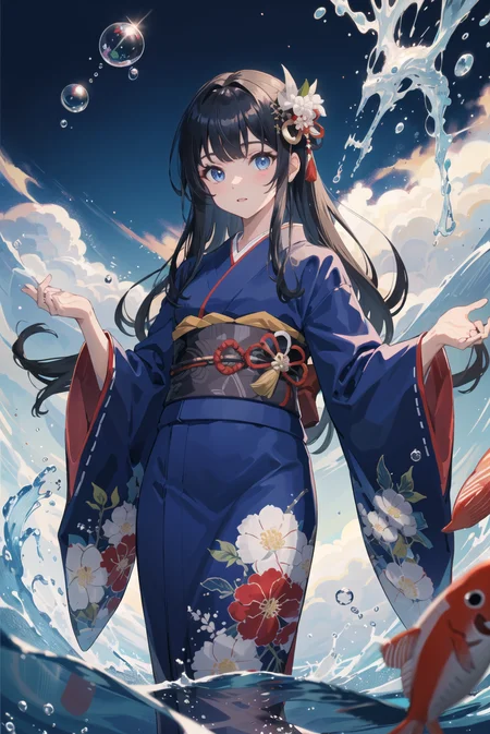 1girl, long hair, black hair, fish, blue eyes, kimono, japanese clothes, solo, red kimono, very long hair, looking at viewer, wide sleeves, bubble, long sleeves, parted bangs, standing, holding, bangs, animal, air bubble, water