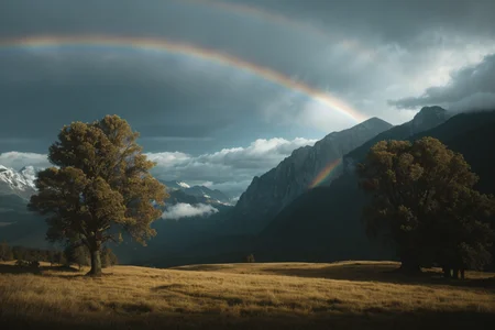 Film still, cinematic, photo of a magical cloudscape in a far off fantasy land, mountains, rainbows, forest, sharp focus, highly detailed