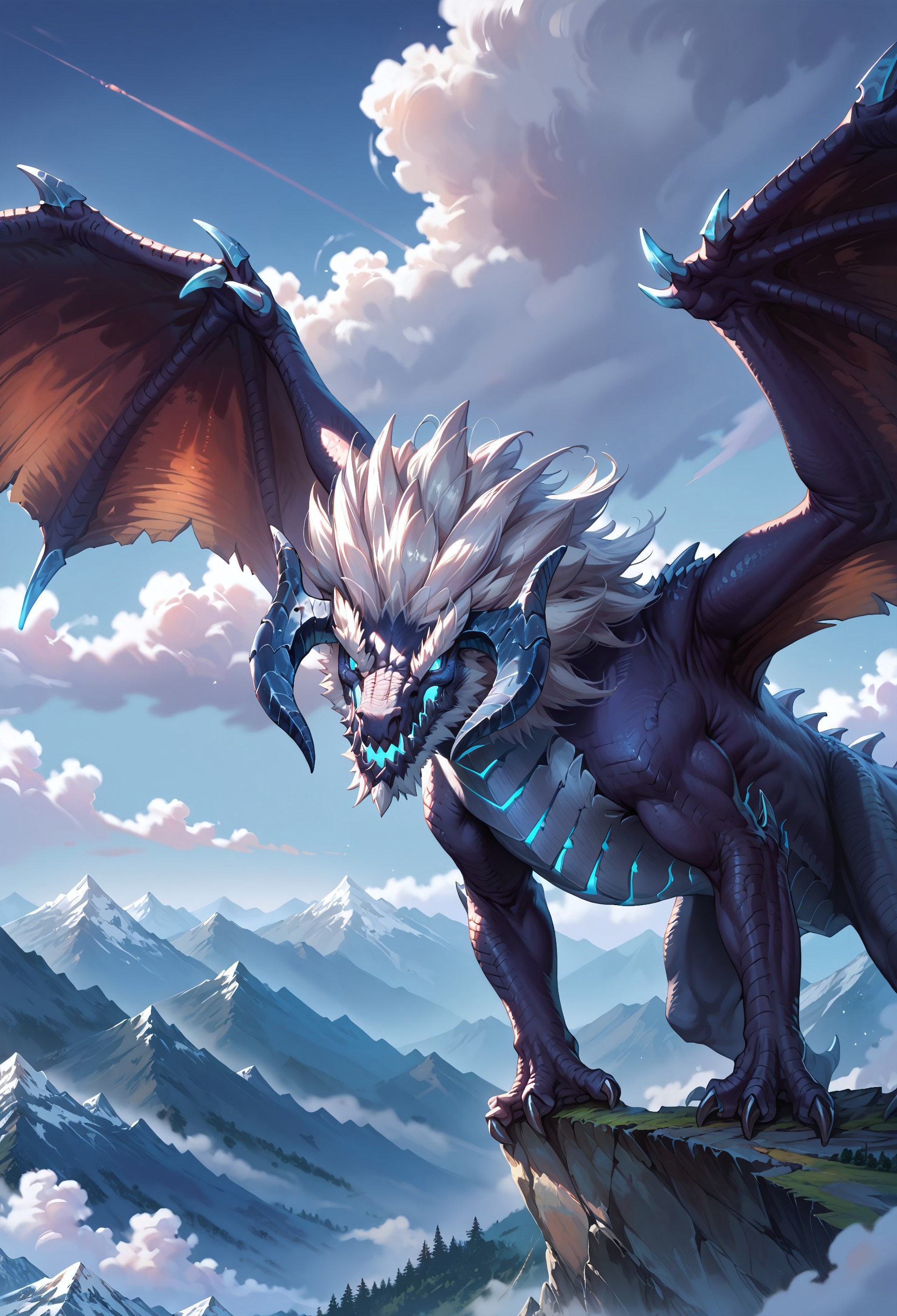 zPDXL3, score_9, score_8_up, score_7_up,source_anime, masterpiece, high quality, best quality, masterpiece,best quality,amazing quality, detailed , BREAK, 
solo, feral, dragon, male, dark blue body, 
, elder_dragon, low horns, wings, blue eyes, claws, 
Standing on the mountain, cloud,wings out of frame, (looking at viewer), close up, (tail out of frame), legs behind mountain, closed mouth, glowing mouth, nice wings, detailed wings, teeth, sharp teeth, detailed face 