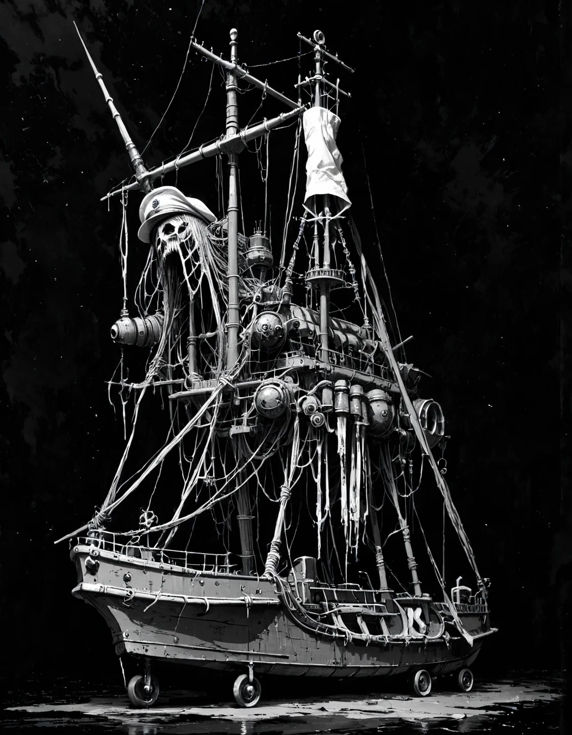score_9, score_8_up, score_7_up, mm-style, monochrome, black background,(naval ship), dark ocean, horror, dark fantasy, full body, <lora:Monochrome_Monsters_Pony:0.8>