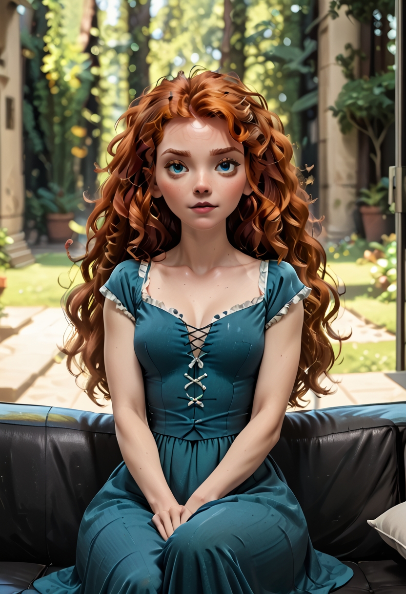 princess Merida, <lora:princess_pony_v1:0.6> <lora:cchd_pxl_r2:1> 1girl, on couch, dress, blurry background, zPDXL3 zPDXLxxx