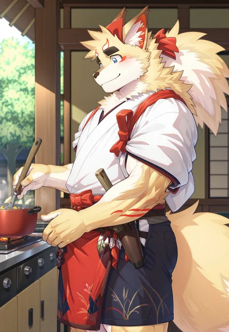 masterpiece, best quality, amazing quality, 1boy, solo focus, male focus, muscular male, furry male, bara, fox boy, inari_tas, blue eyes, white kimono, tasuki, shorts, waist apron, hachimaki, cooking, smile, from side, outdoors, kitchen