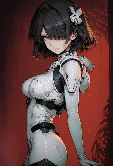 score_9, score_8_up, score_7_up, closeup, dramatic light,
1girl, black hair, pale skin, purple eyes, hair over one eye, medium hair, medium breasts,
<lora:0949 May be an anime_v1_pony:0.8>, ruanyi0949,white bodysuit,white gloves,hair ornament,skin tight,bodysuit,
dripping wet,cute thighhighs, temple background, focus from side, naughty smile, looking at viewer, arched back,
<lora:Black_souls_style:0.8>, <lora:Expressive_H:0.3>, <lora:cutesexyronutts_style_xl:0.8>, <lora:GTHAN:0.8>,